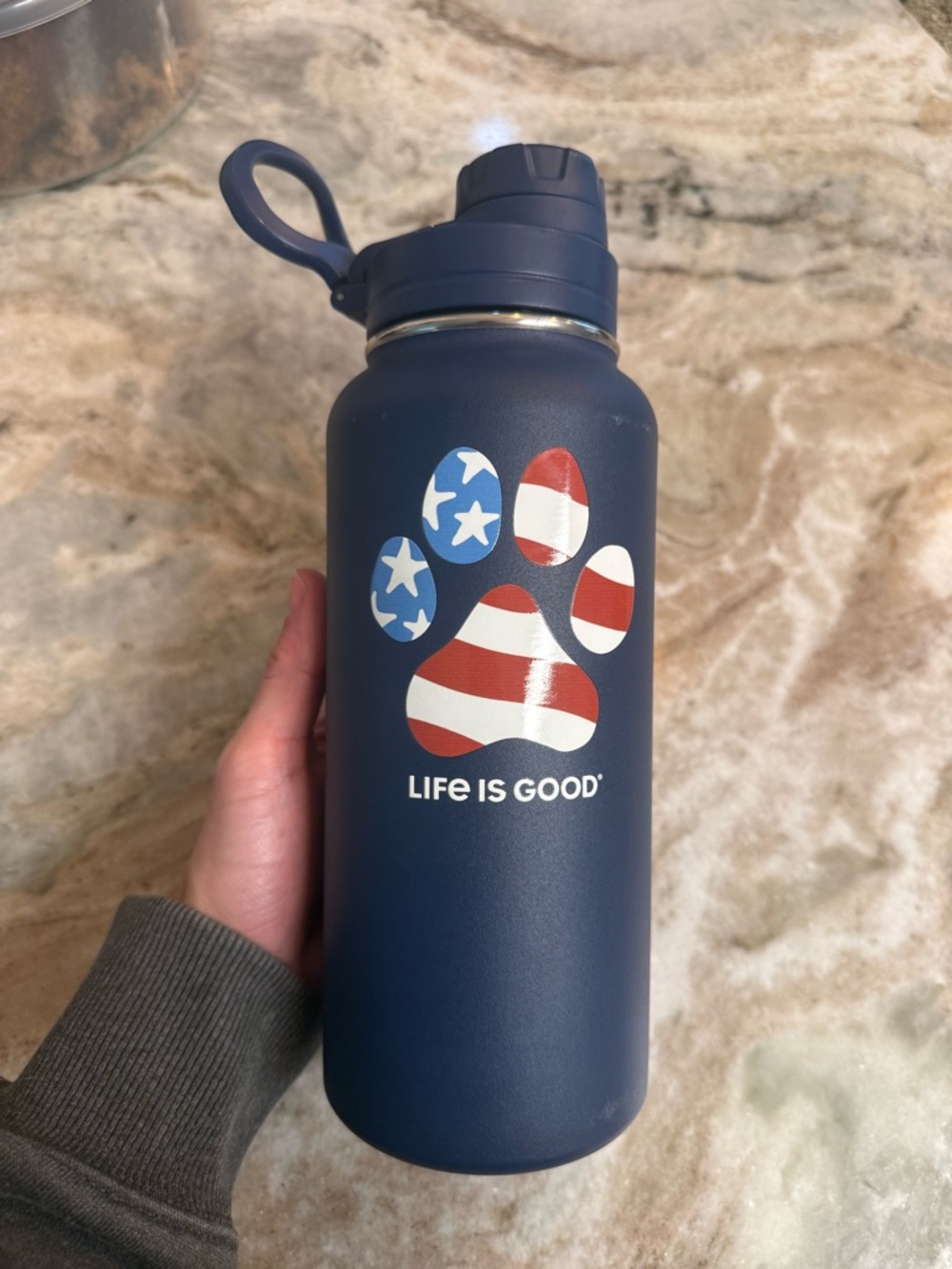 Life Is Good Stainless Steel Water Bottle with Red, White & Blue Paw Graphic